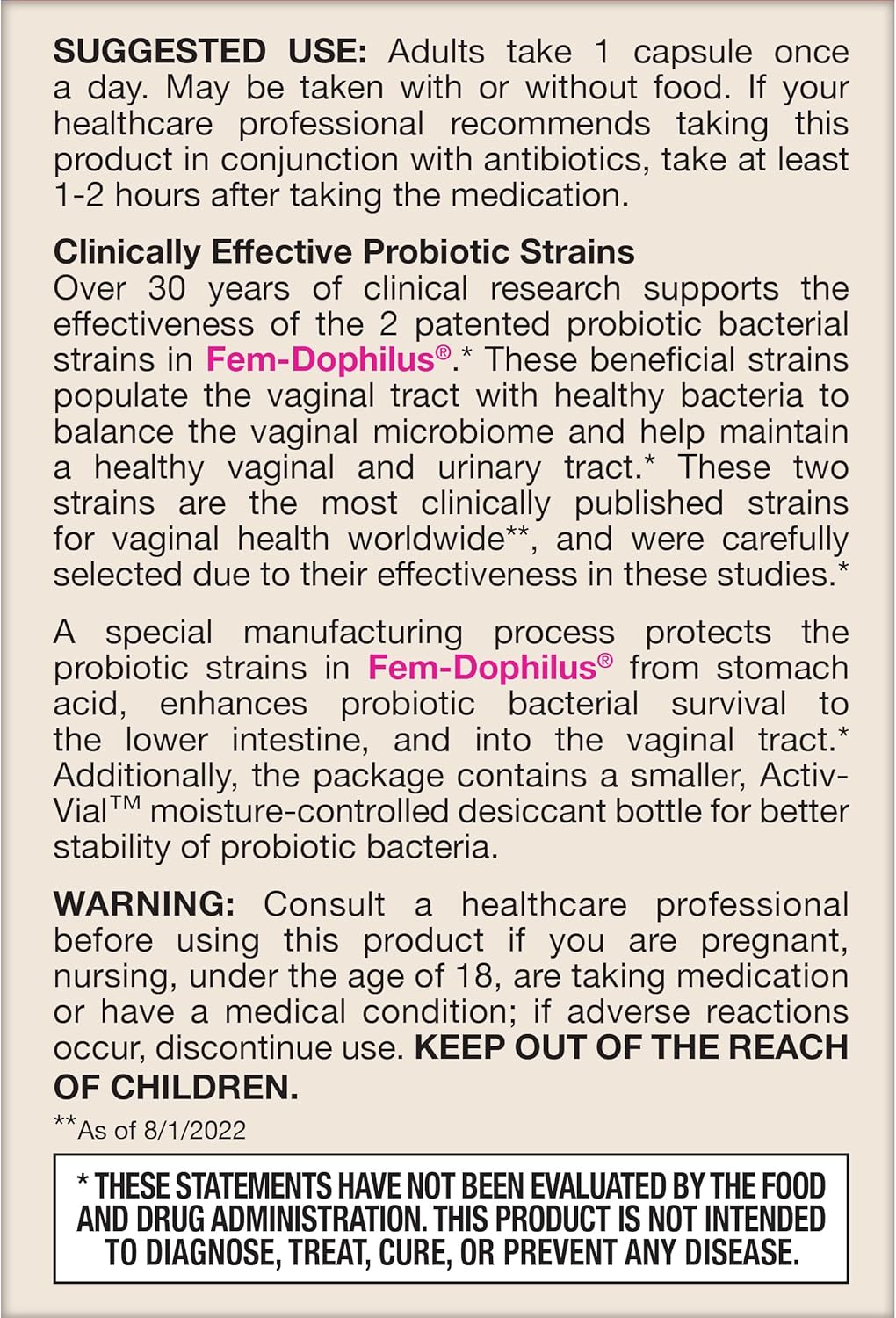 Jarrow Formulas Fem-Dophilus Probiotics: 1 Billion CFU, 2 Strains, Vaginal & Urinary Tract Support, 30 Capsules