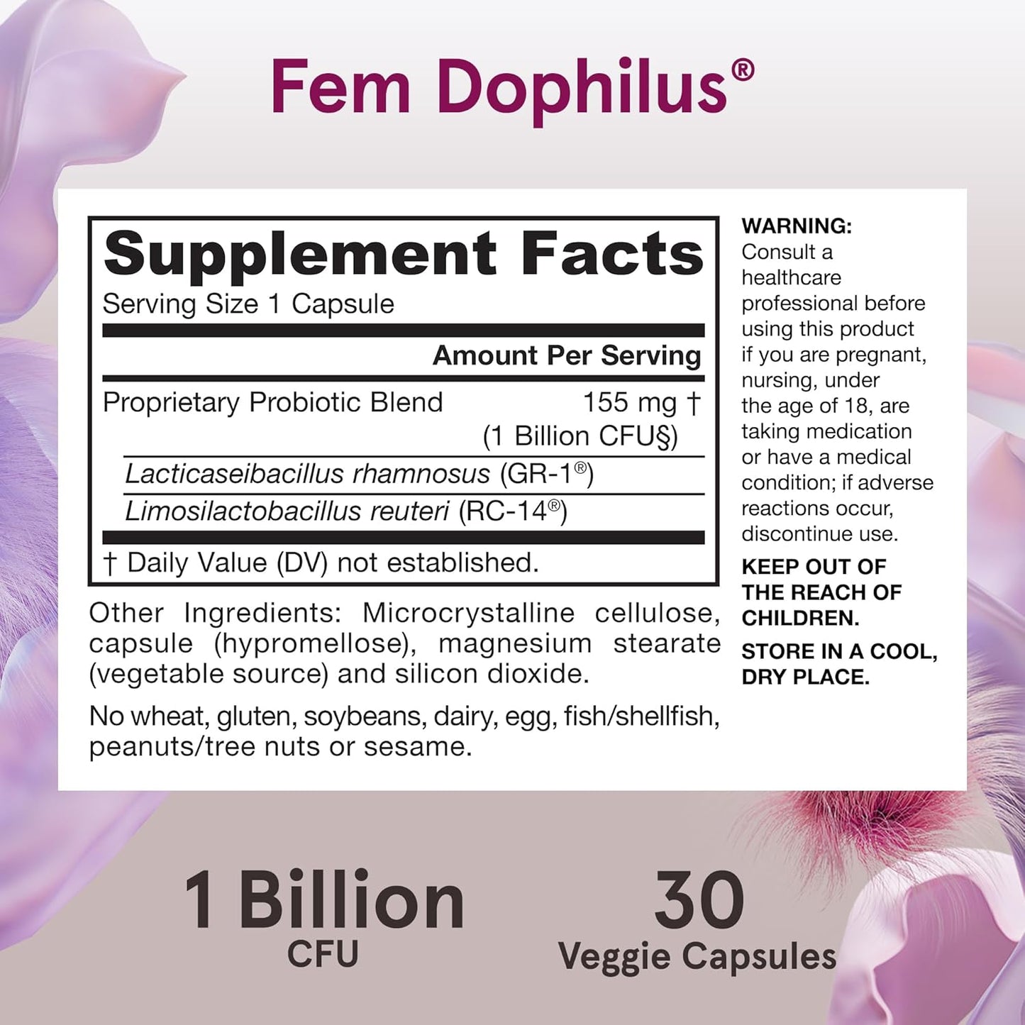 Jarrow Formulas Fem-Dophilus Probiotics: 1 Billion CFU, 2 Strains, Vaginal & Urinary Tract Support, 30 Capsules