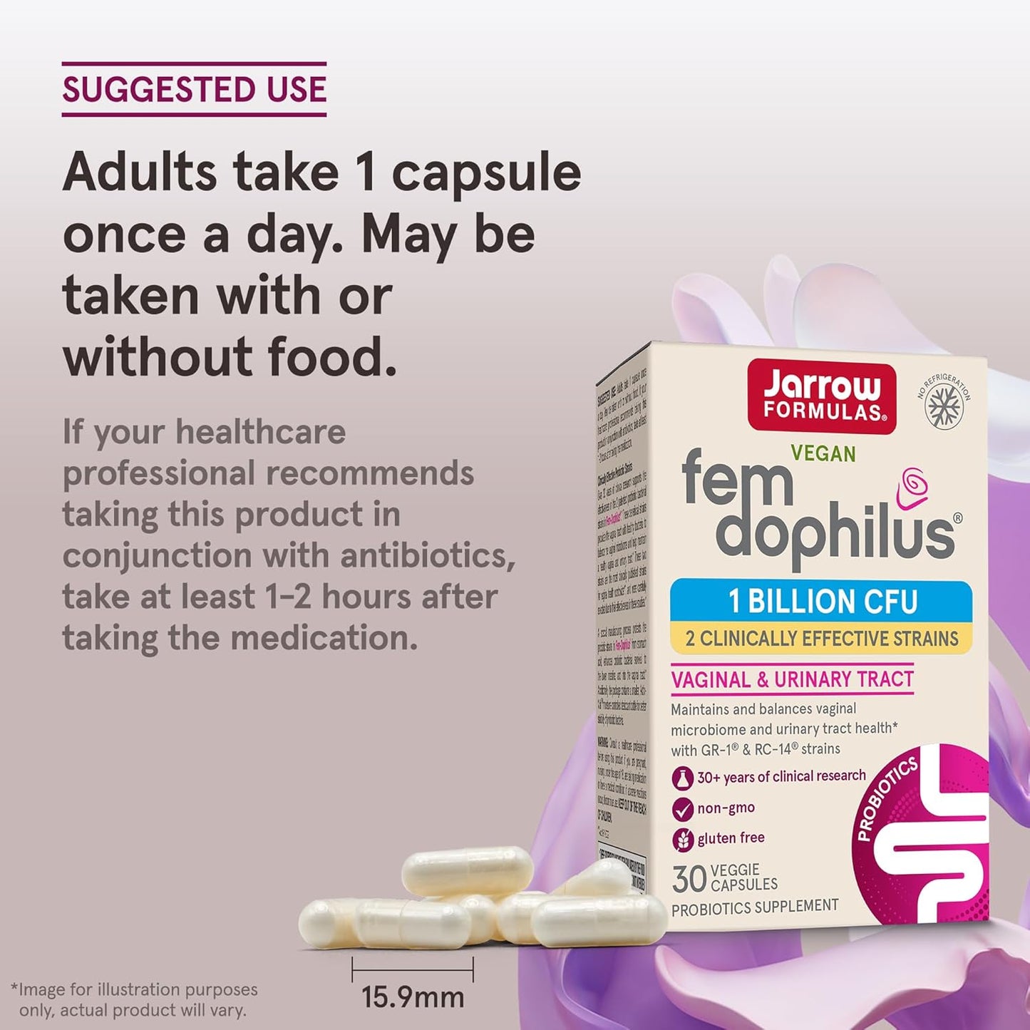 Jarrow Formulas Fem-Dophilus Probiotics: 1 Billion CFU, 2 Strains, Vaginal & Urinary Tract Support, 30 Capsules