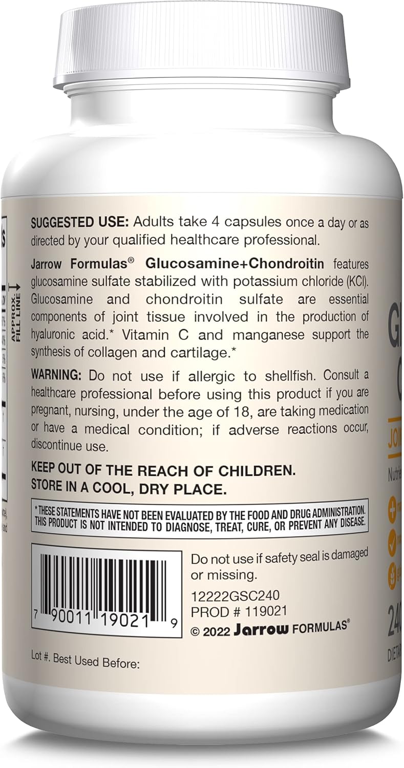 Jarrow Formulas Glucosamine + Chondroitin Capsules - Joint Health Support with Vitamin C & Manganese - 240 count