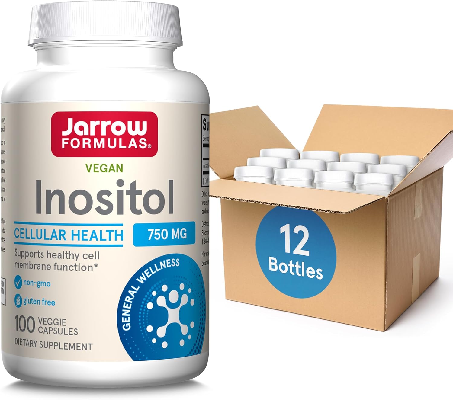 Jarrow Formulas Inositol 750mg Dietary Supplement for Liver Support and Wellness - 100 Veggie Capsules (Pack of 12)