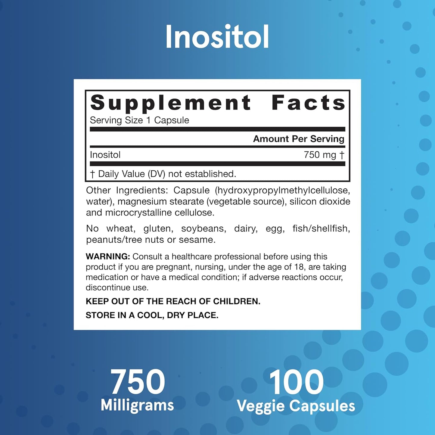 Jarrow Formulas Inositol 750mg Dietary Supplement for Liver Support and Wellness - 100 Veggie Capsules (Pack of 12)