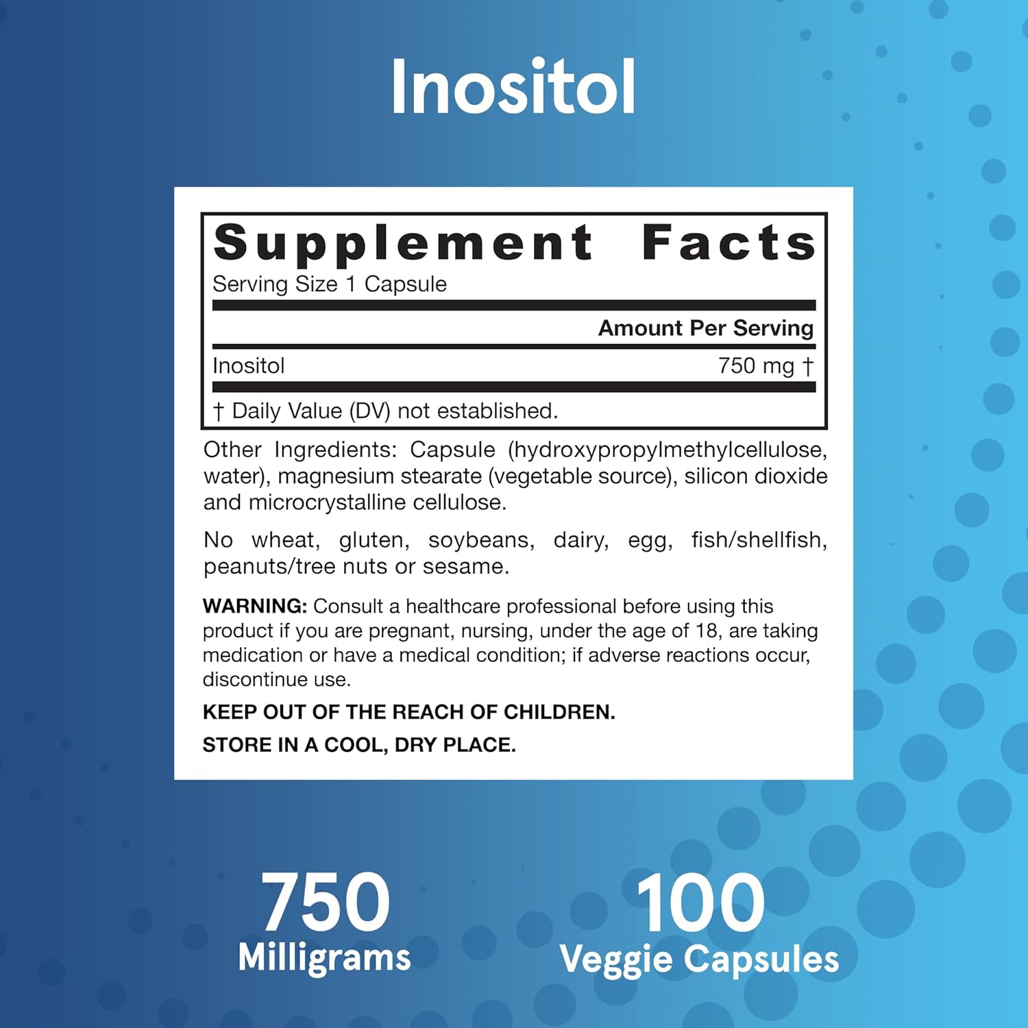 Jarrow Formulas Inositol 750mg Dietary Supplement for Liver Support and Wellness - 100 Veggie Capsules (Pack of 12)
