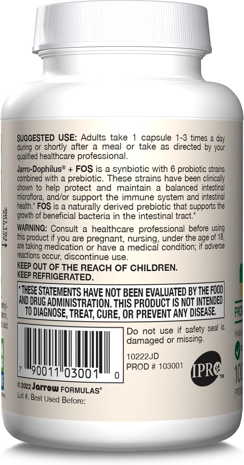 Jarrow Formulas Jarro-Dophilus + FOS - Prebiotic & Probiotic Supplement - 3.4 Billion CFU - Immune & Intestine Support - 100 Servings