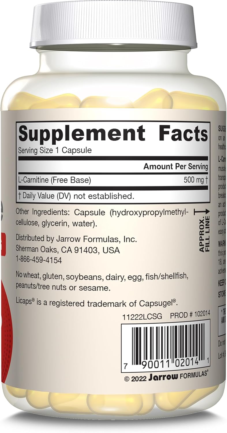 Jarrow Formulas L-Carnitine 500 mg - 100 Vegan Capsules - Essential for ATP Energy Production from Fats - Dietary Supplement - Up to 100 Servings