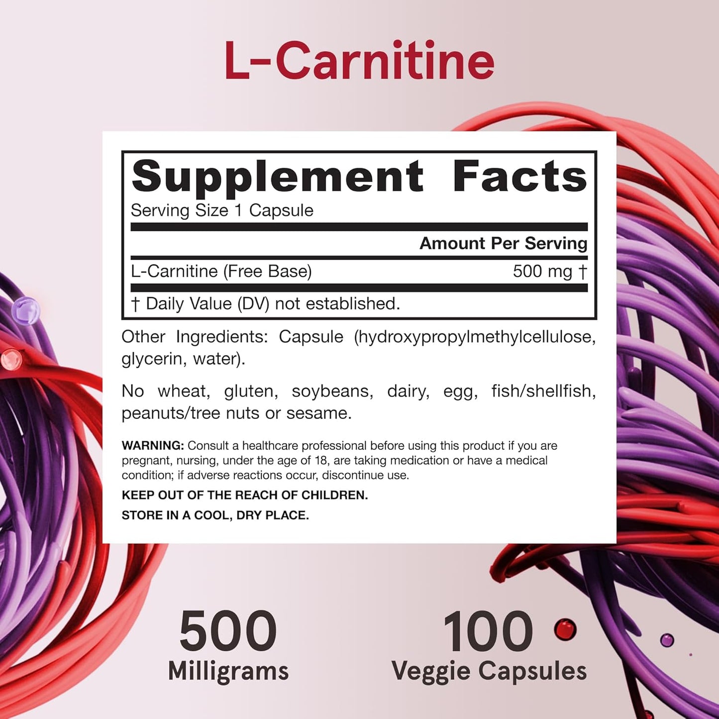 Jarrow Formulas L-Carnitine 500 mg - 100 Vegan Capsules - Essential for ATP Energy Production from Fats - Dietary Supplement - Up to 100 Servings