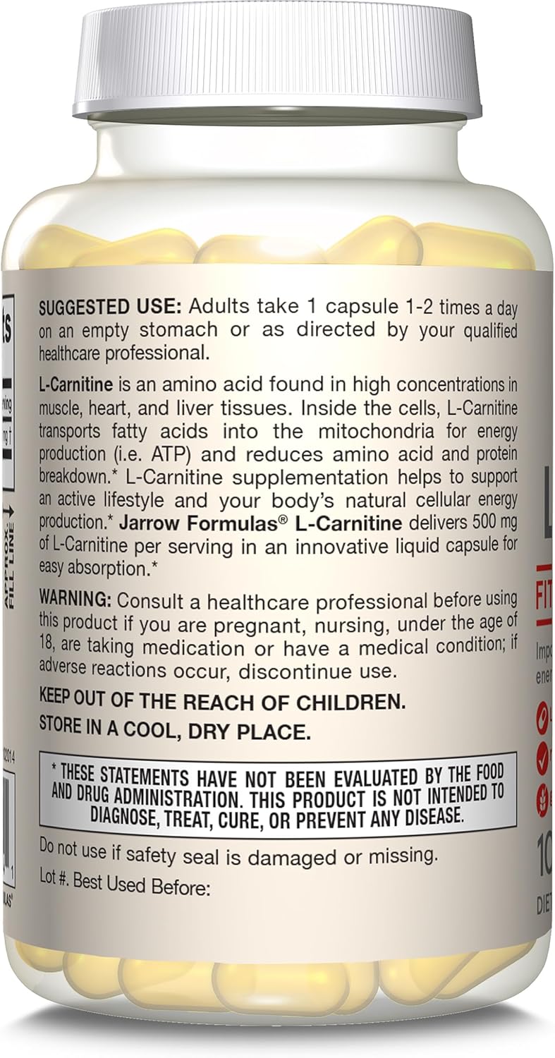 Jarrow Formulas L-Carnitine 500 mg - 100 Vegan Capsules - Essential for ATP Energy Production from Fats - Dietary Supplement - Up to 100 Servings