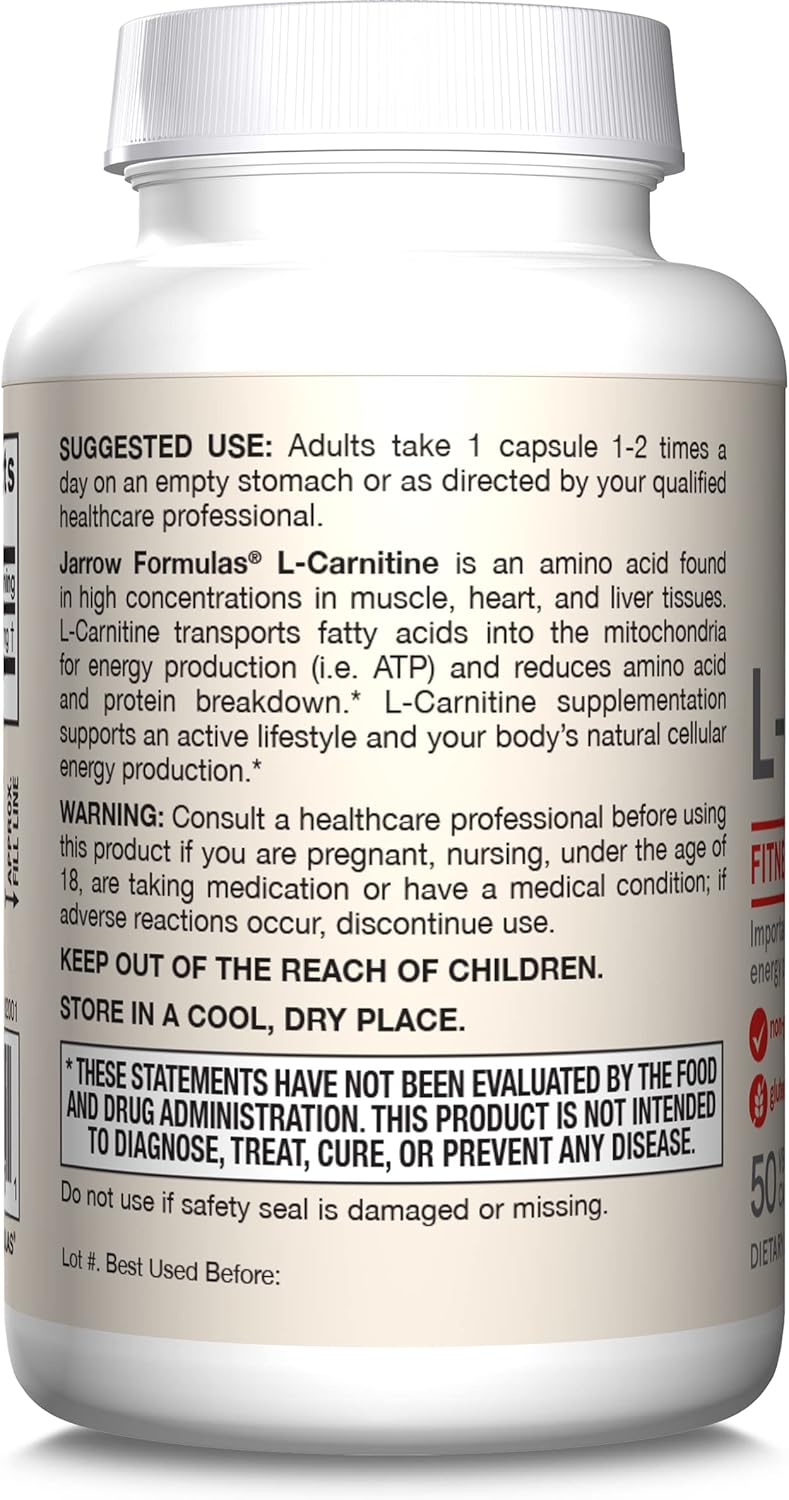 Jarrow Formulas L-Carnitine 500 mg Veggie Capsules - 600 Count, Dietary Supplement for Cellular Energy Production