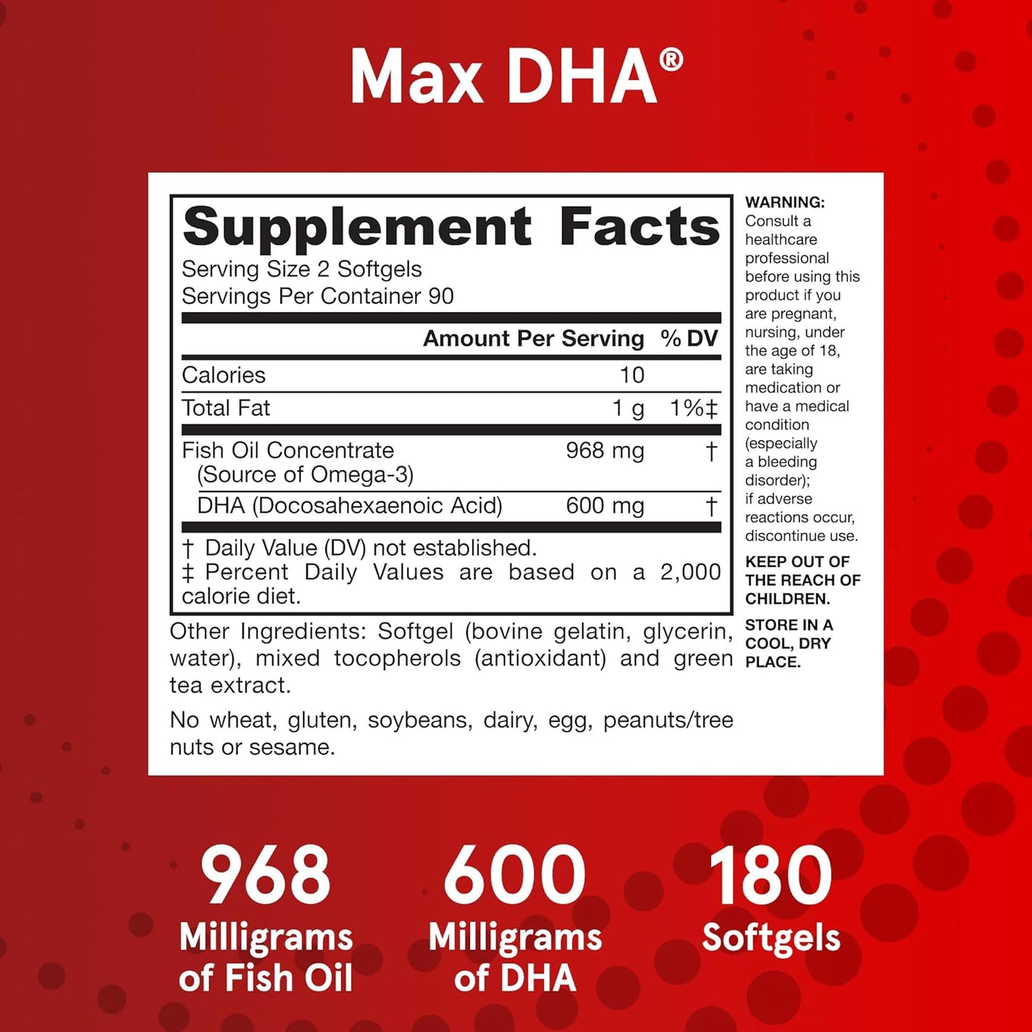 Jarrow Formulas MaxDHA Softgels - High Purity Fish Oil Supplement for Brain & Eye Health - Omega-3 Fatty Acids & DHA - 180 Softgels
