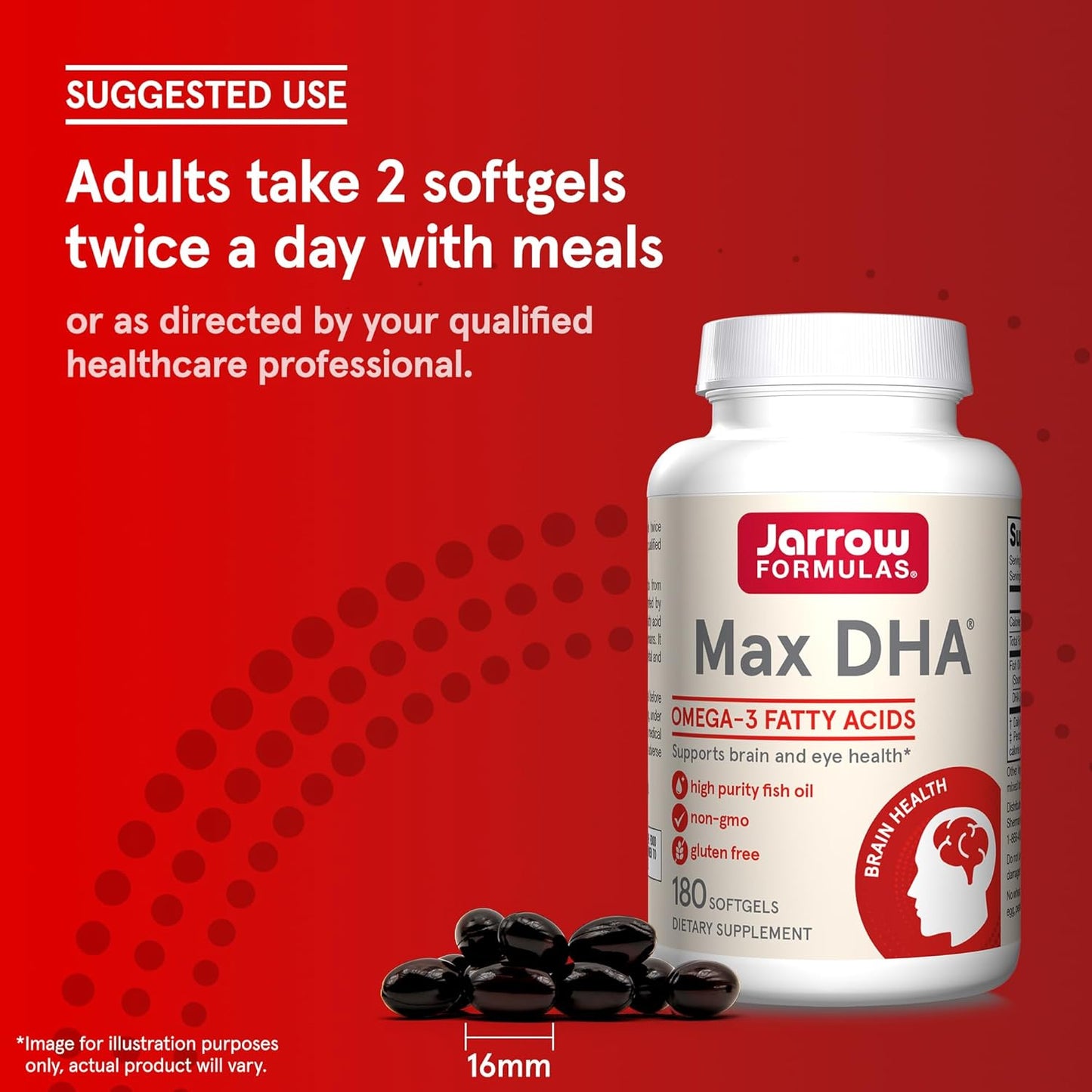 Jarrow Formulas MaxDHA Softgels - High Purity Fish Oil Supplement for Brain & Eye Health - Omega-3 Fatty Acids & DHA - 180 Softgels