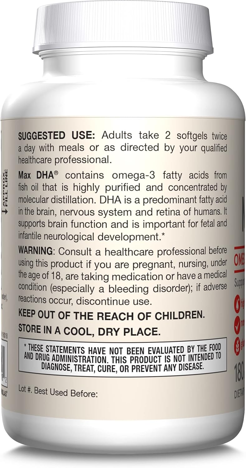 Jarrow Formulas MaxDHA Softgels - High Purity Fish Oil Supplement for Brain & Eye Health - Omega-3 Fatty Acids & DHA - 180 Softgels