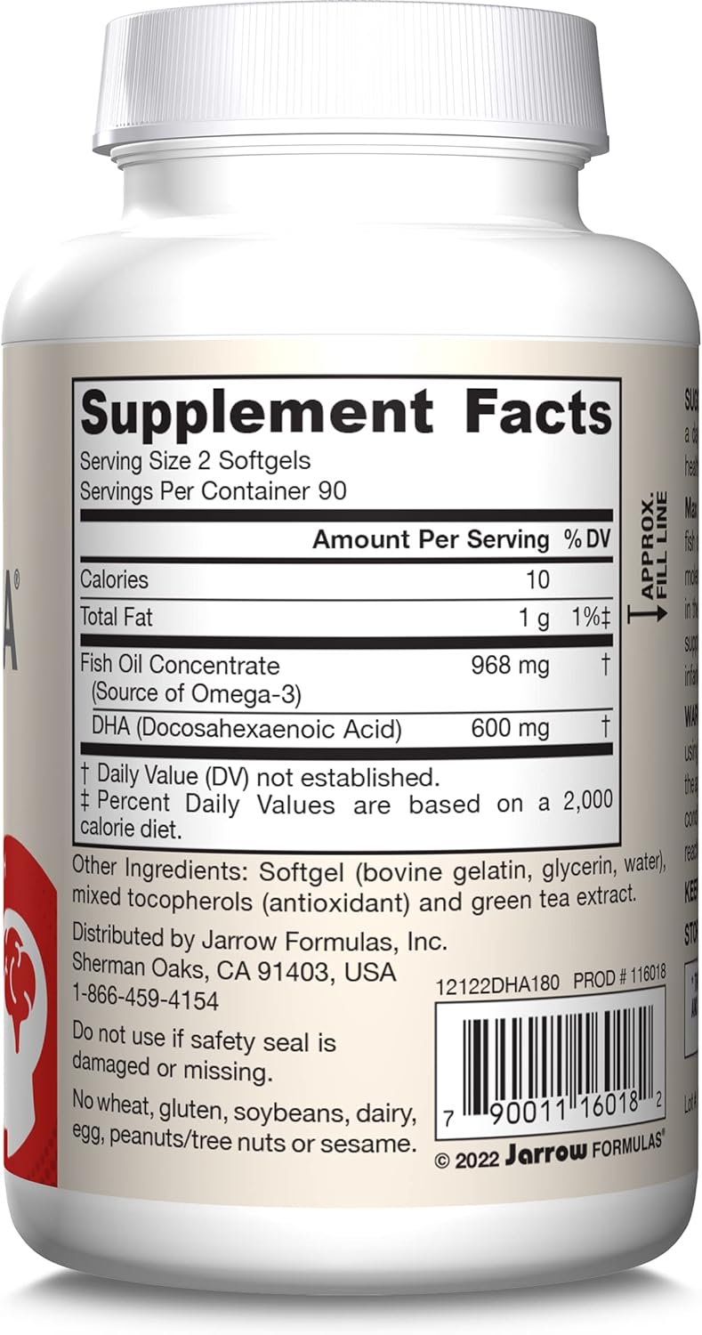 Jarrow Formulas MaxDHA Softgels - High Purity Fish Oil Supplement for Brain & Eye Health - Omega-3 Fatty Acids & DHA - 180 Softgels