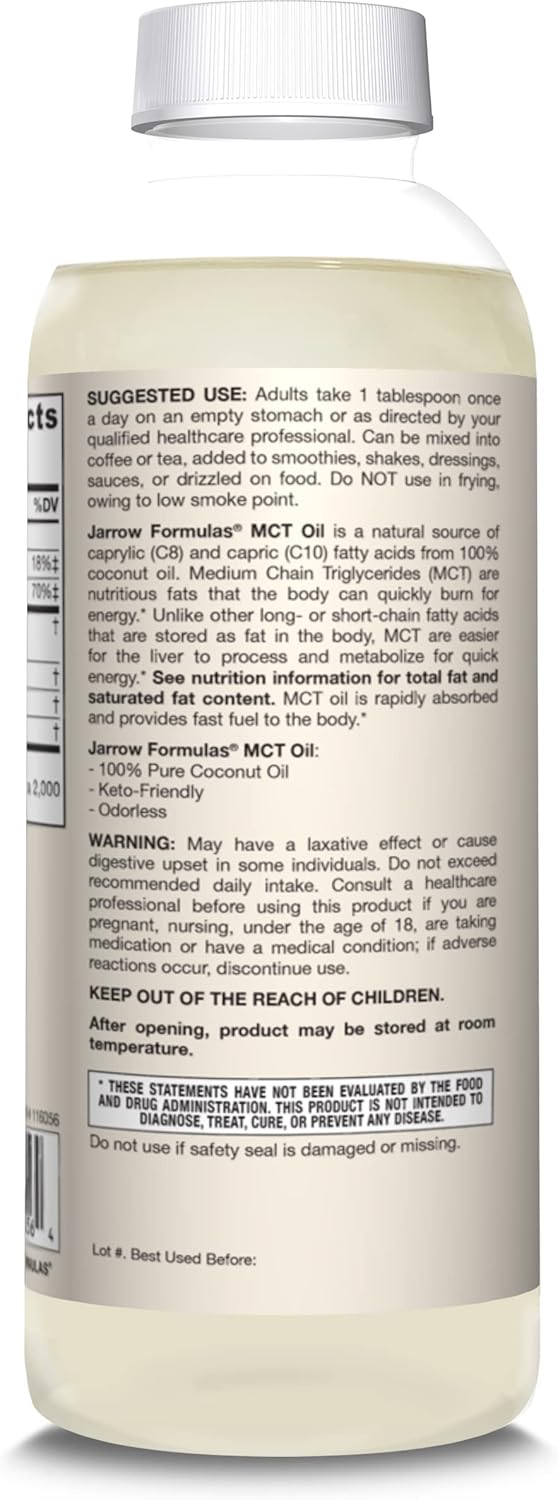 Jarrow Formulas MCT Oil - 20 fl oz Liquid Dietary Supplement for Quick Energy on Ketogenic Diets - 39 Day Supply
