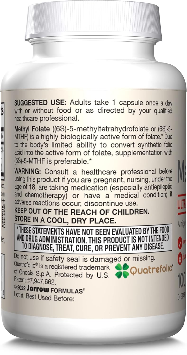 Jarrow Formulas Methyl Folate 1000 mcg Capsules - Cellular Energy Support - 1200 Veggie Capsules - Pack of 12 - 100 Day Supply