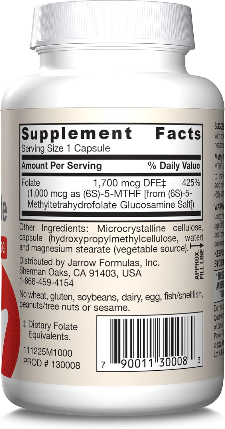 Jarrow Formulas Methyl Folate 1000 mcg Capsules - Cellular Energy Support - 1200 Veggie Capsules - Pack of 12 - 100 Day Supply