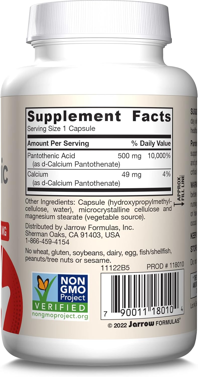 Jarrow Formulas Pantothenic Acid B5 500mg - 200 Veggie Caps - Energy & Metabolism Support - B Vitamin Supplement Pack