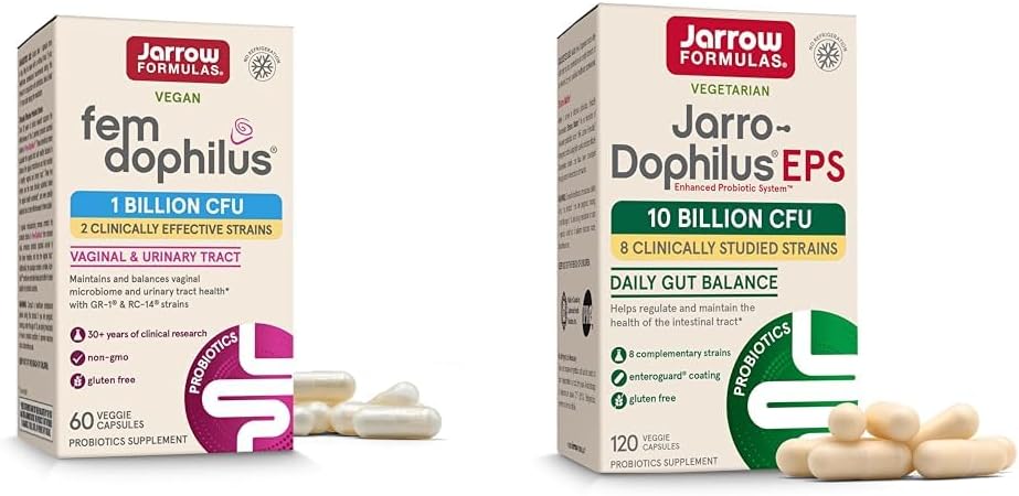 Jarrow Formulas Probiotics Bundle: Fem-Dophilus 1B CFU & Jarro-Dophilus EPS 10B CFU, 180 Veggie Caps