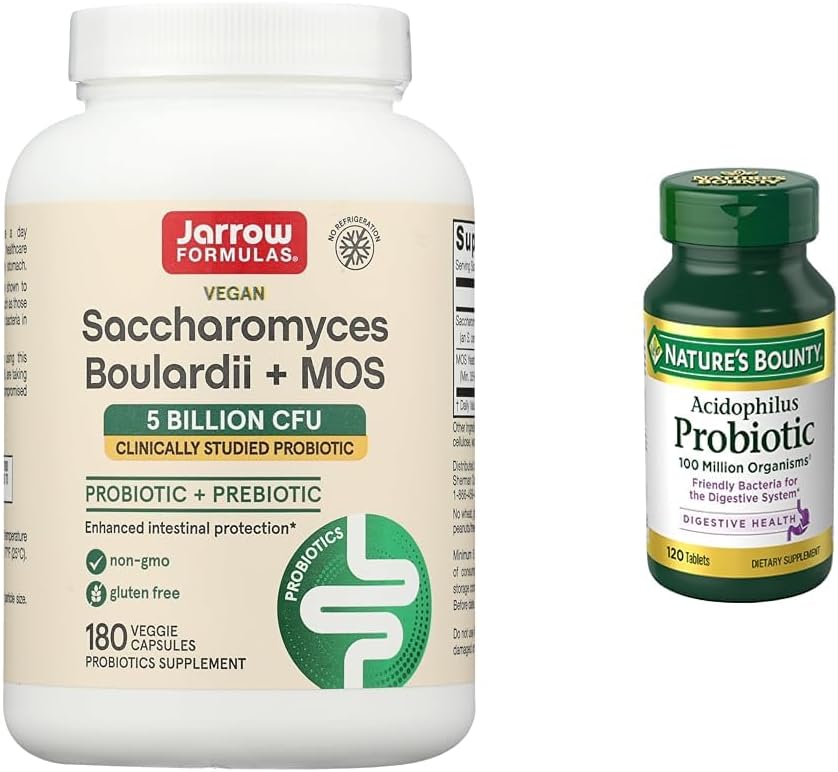 Jarrow Formulas Saccharomyces Boulardii Probiotics + MOS & Nature's Bounty Acidophilus Probiotic - 5 Billion CFU Daily Supplement for Digestive Health