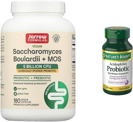 Jarrow Formulas Saccharomyces Boulardii Probiotics + MOS & Nature's Bounty Acidophilus Probiotic - 5 Billion CFU Daily Supplement for Digestive Health