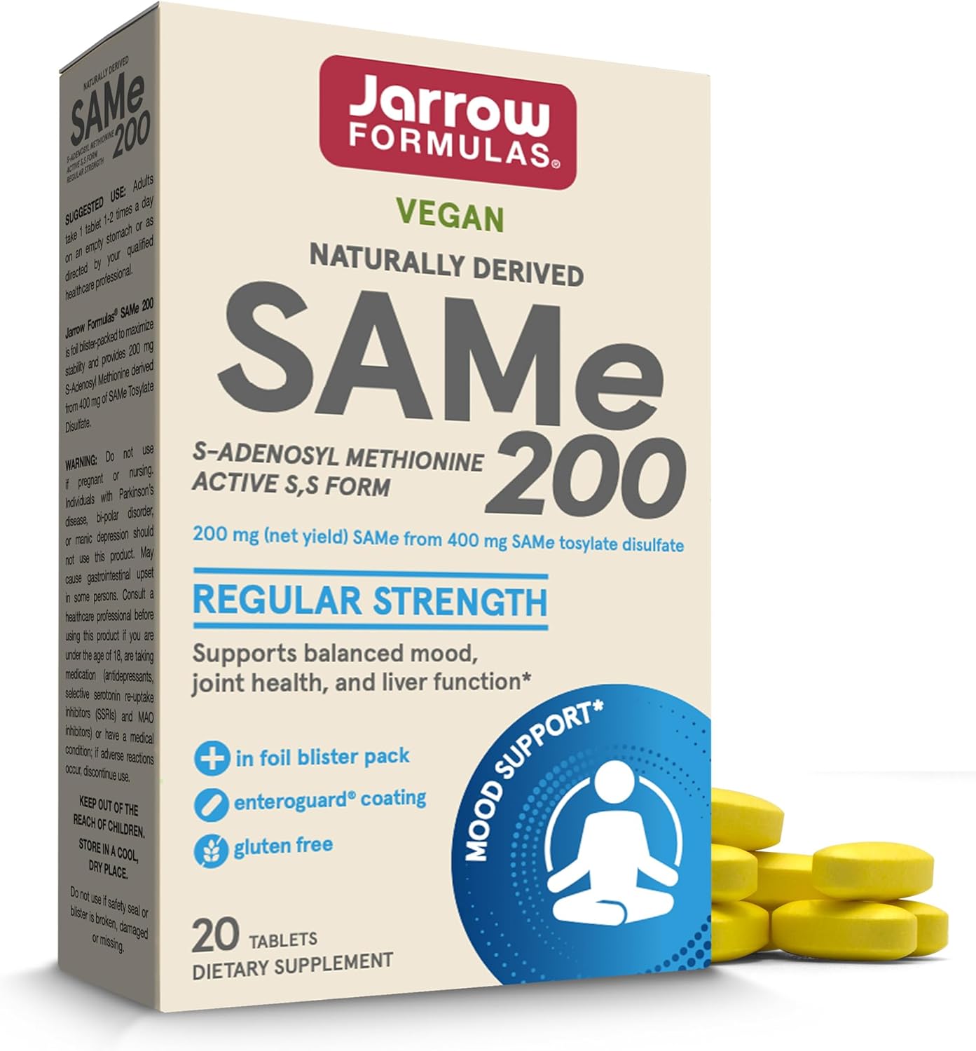 Jarrow Formulas SAMe 200 mg Tablets for Joint Health, Liver Function, and Brain Metabolism - 20 Day Supply