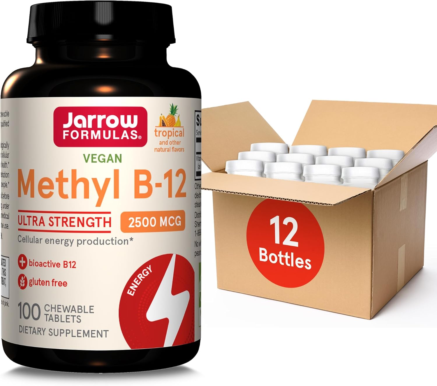 Jarrow Formulas Ultra Strength Methyl B-12 Chewable Tablets - 100 Day Supply, Tropical Flavor - Pack of 12 - Energy Production Supplement