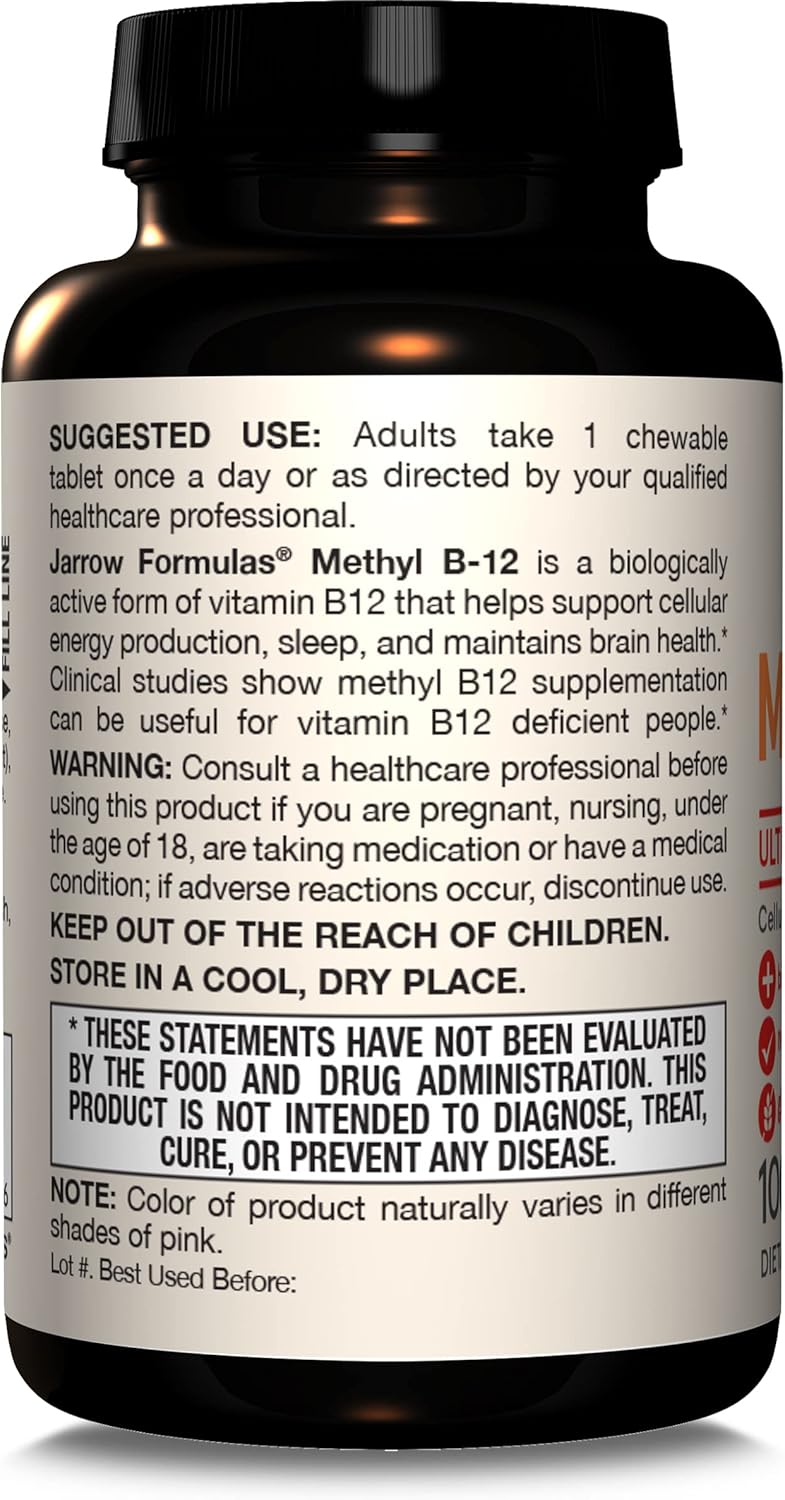 Jarrow Formulas Ultra Strength Methyl B-12 Chewable Tablets - 100 Day Supply, Tropical Flavor - Pack of 12 - Energy Production Supplement