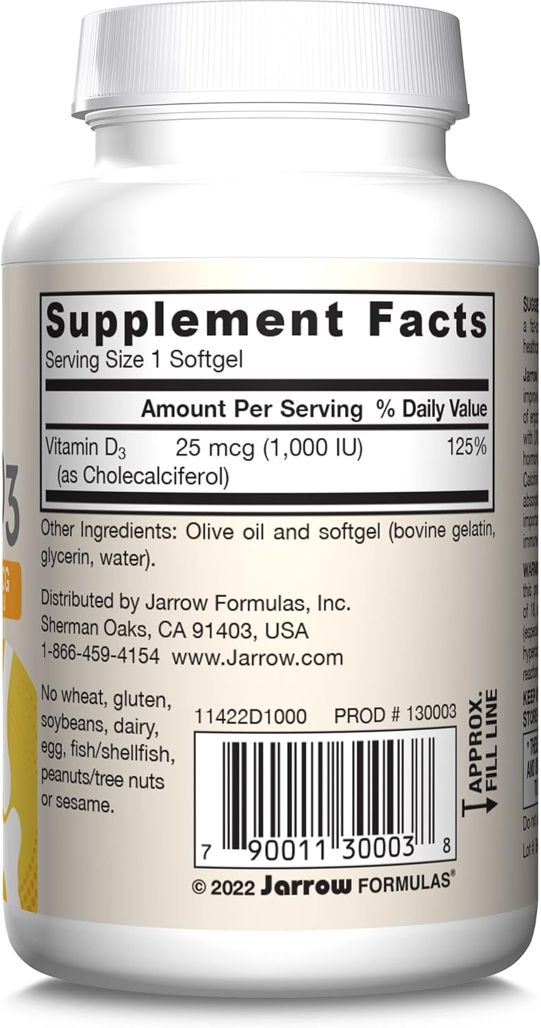Jarrow Formulas Vitamin D3 25 mcg Softgels - Bone & Joint Support, Immune Health, Calcium Metabolism - 100 Day Supply