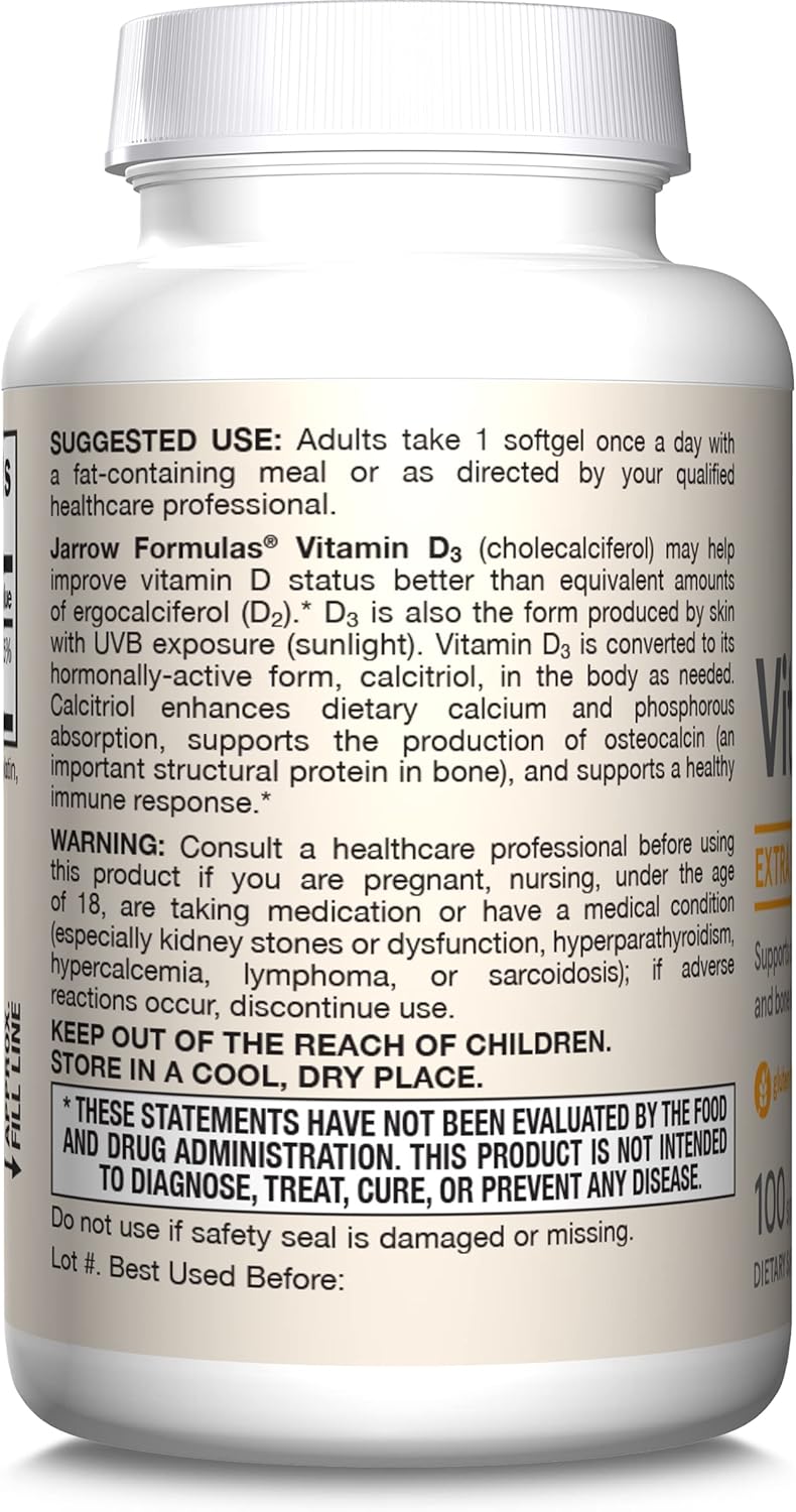 Jarrow Formulas Vitamin D3 25 mcg Softgels - Bone & Joint Support, Immune Health, Calcium Metabolism - 100 Day Supply