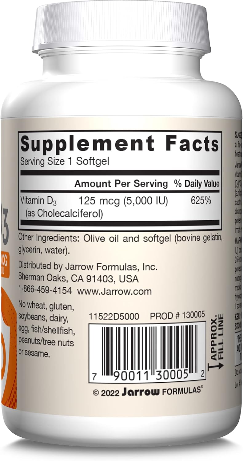 Jarrow Formulas Vitamin D3 5000 IU Softgels - 100 Servings - Bone Health, Immune & Calcium Support - Gluten-Free D3 Supplement