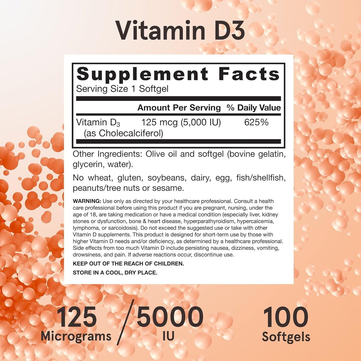 Jarrow Formulas Vitamin D3 5000 IU Softgels - 100 Servings - Bone Health, Immune & Calcium Support - Gluten-Free D3 Supplement
