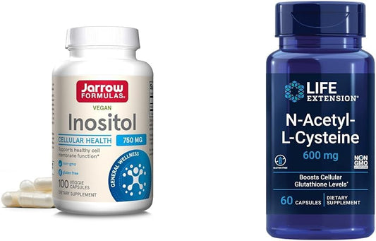 Jarrow Inositol 750mg + Life Extension NAC 600mg Capsules Bundle for Liver & Respiratory Health