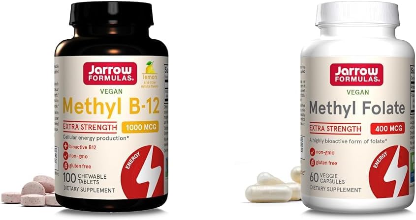 Jarrow Methyl B-12 1000mcg Chewables & Methyl Folate 400mcg Capsules Bundle for Energy & Health Support