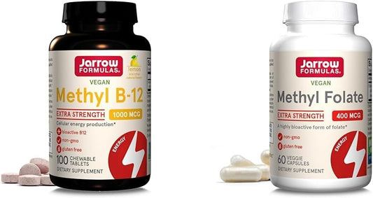 Jarrow Methyl B-12 1000mcg Chewables & Methyl Folate 400mcg Capsules Bundle for Energy & Health Support