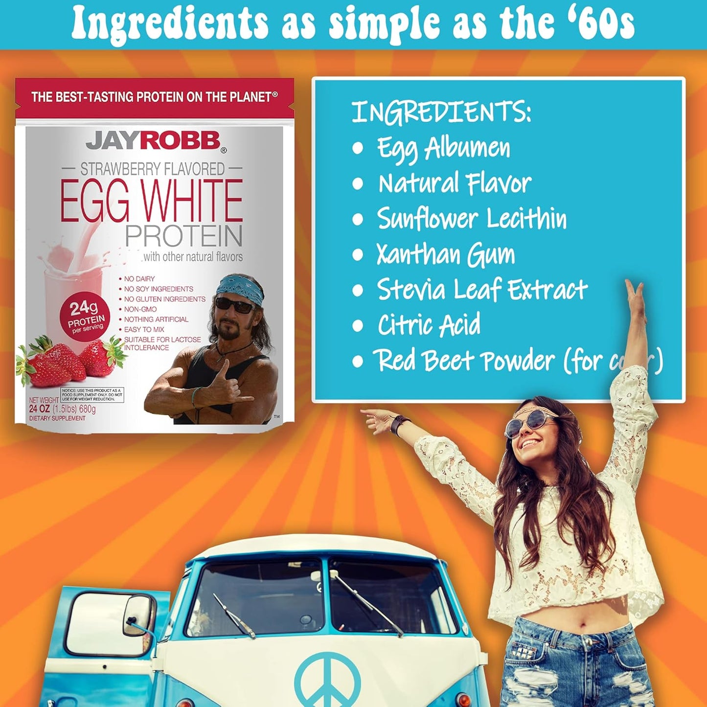Jay Robb Strawberry Egg White Protein Powder - Low Carb Keto Vegetarian Gluten Free Lactose Free Non-GMO No Sugar Added No Soy No Artificial Ingredients Best-Tasting - 12 oz