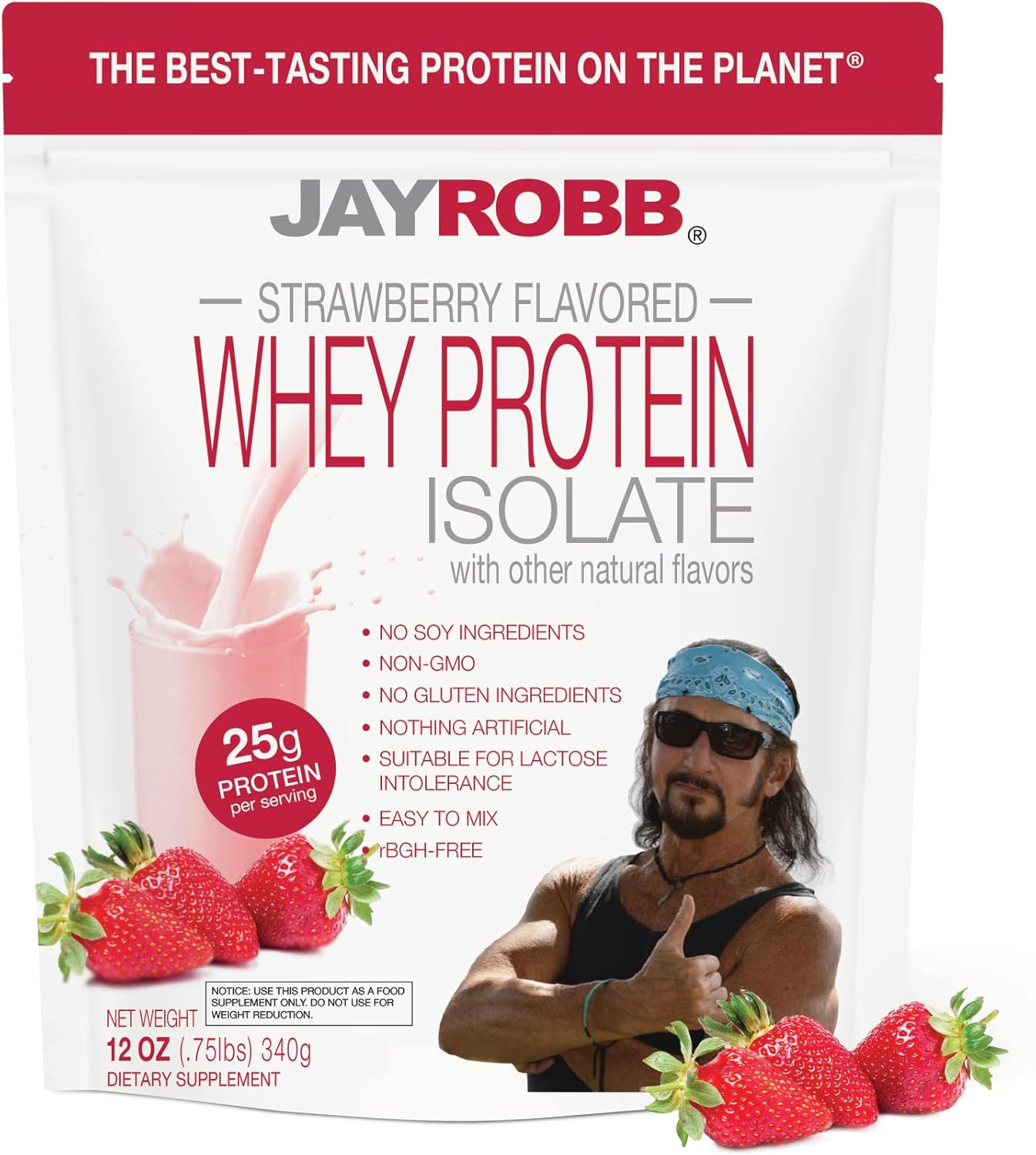 JAYROBB Jay Robb Grass-Fed Whey Protein Isolate Powder, Strawberry Flavor, 11 Servings, 12 oz