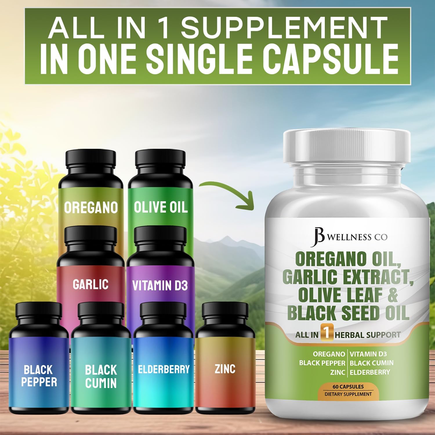 JB Wellness Co Immune Support Supplement for Women and Men - Oregano Oil, Garlic Extract, Olive Leaf, Astragalus - 180 Count