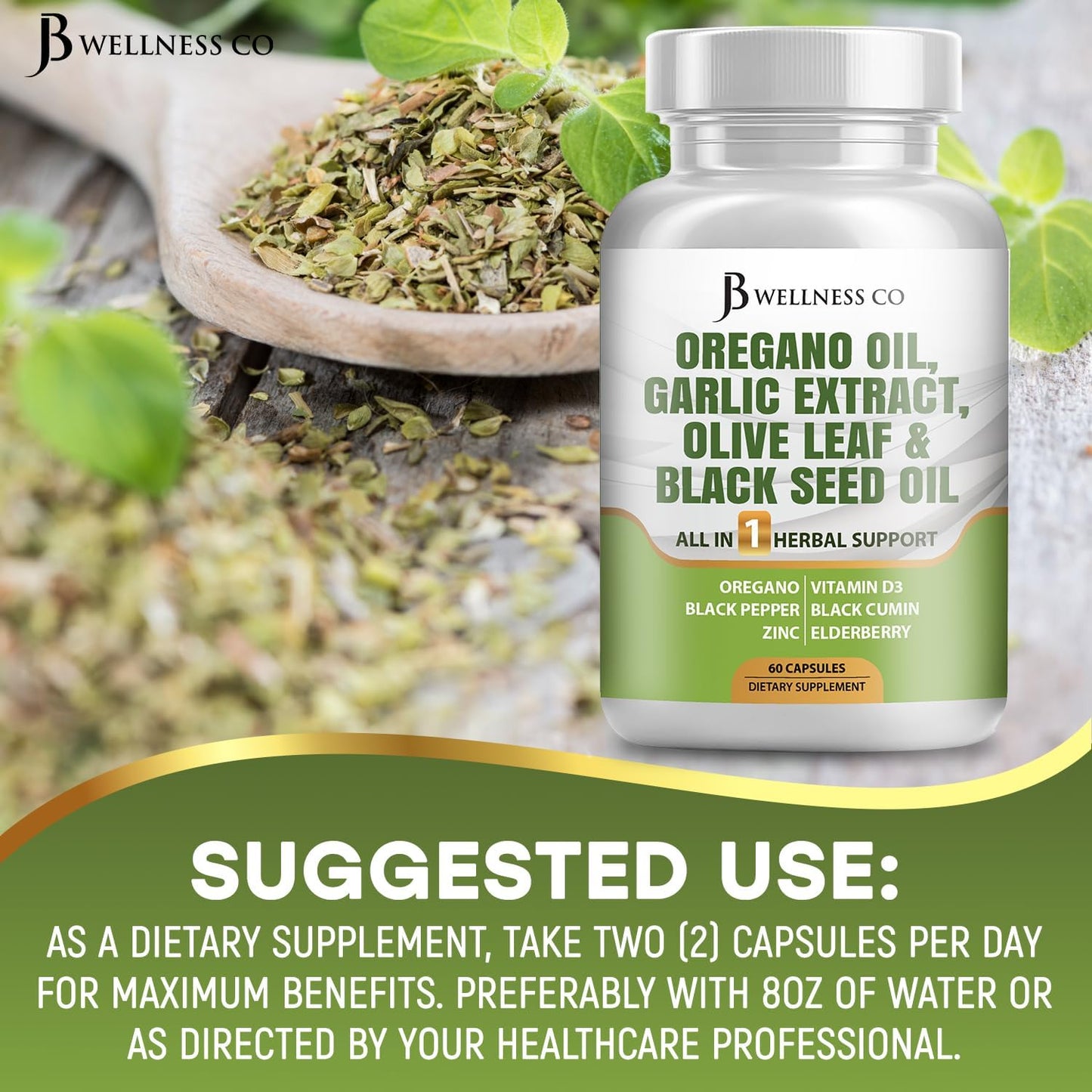 JB Wellness Co Immune Support Supplement for Women and Men - Oregano Oil, Garlic Extract, Olive Leaf, Astragalus - 180 Count