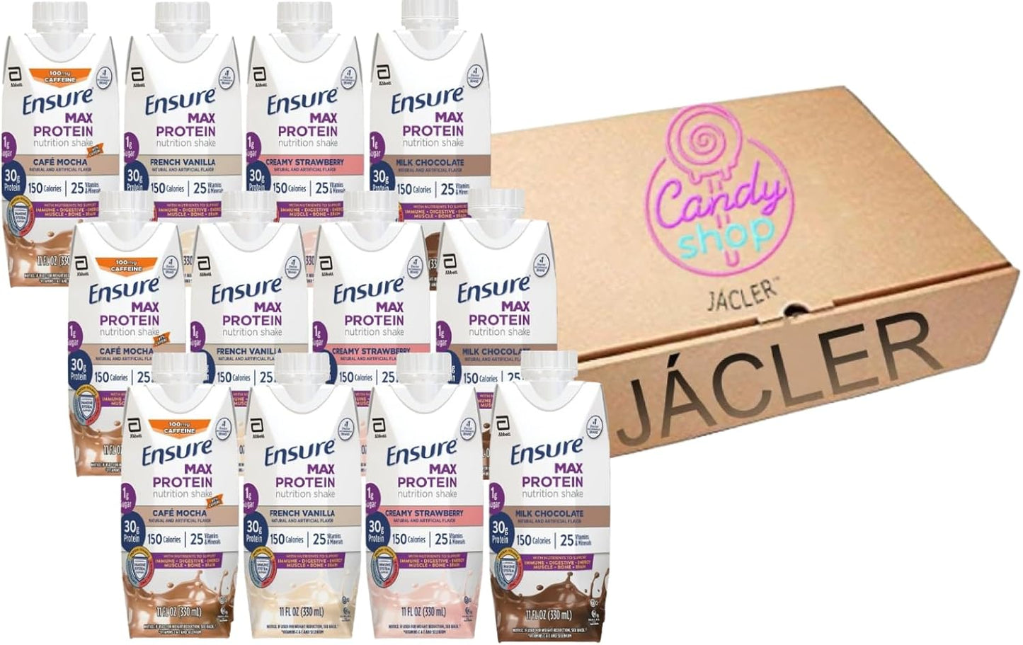 JÁCLER Max Protein Nutrition Shakes Variety Pack - 30g Protein, 1g Sugar, Immune Support, 11 fl oz, Pack of 12