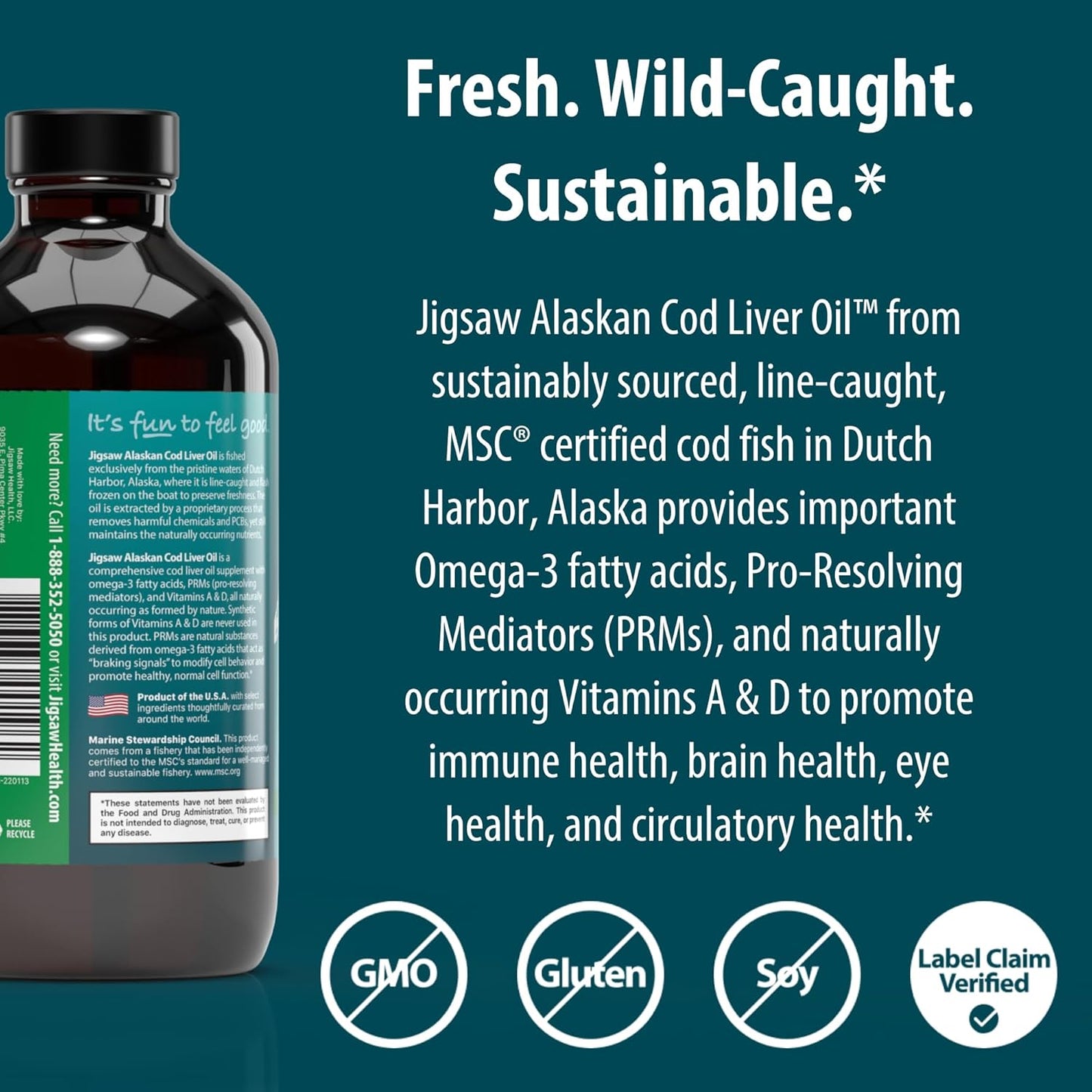 Jigsaw Health Alaskan Cod Liver Oil Liquid - 1000 mg Omega-3s with EPA, DHA, and DPA - Lemon Flavor - 240 mL Bottle