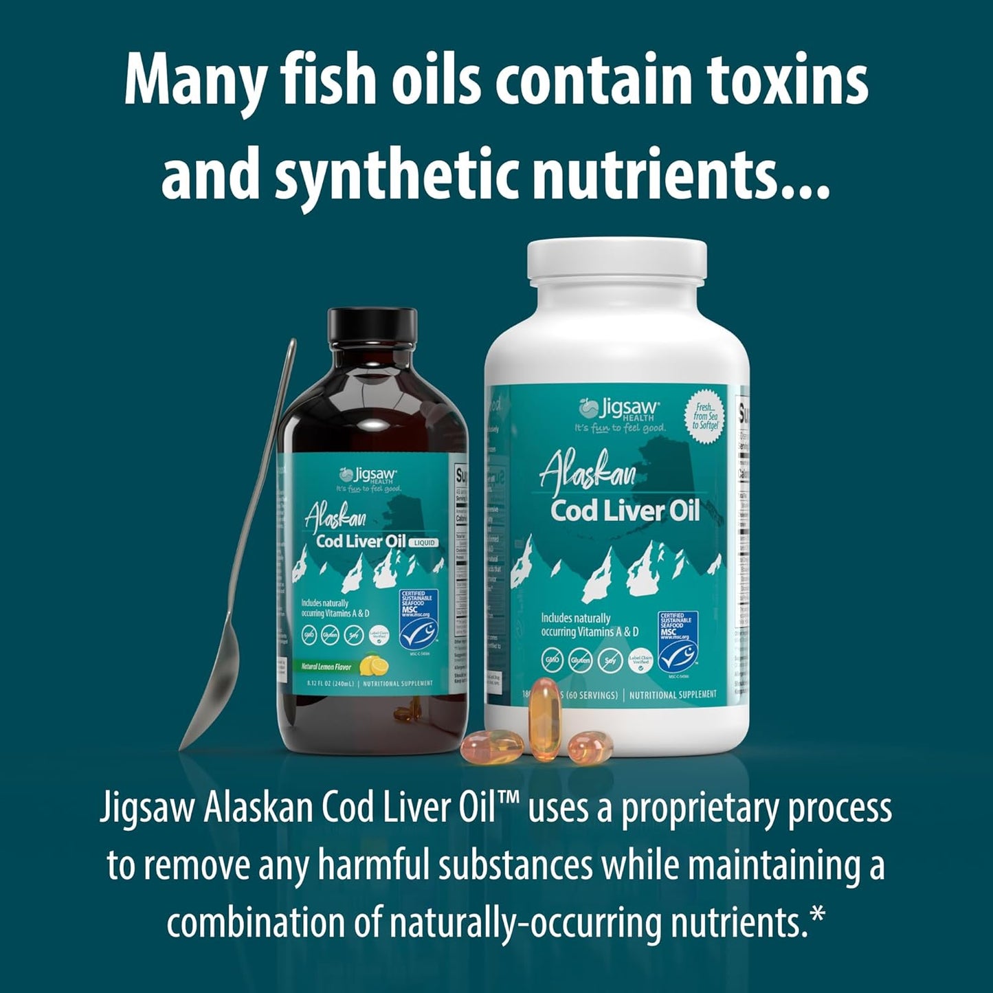 Jigsaw Health Alaskan Cod Liver Oil Liquid - 1000 mg Omega-3s with EPA, DHA, and DPA - Lemon Flavor - 240 mL Bottle