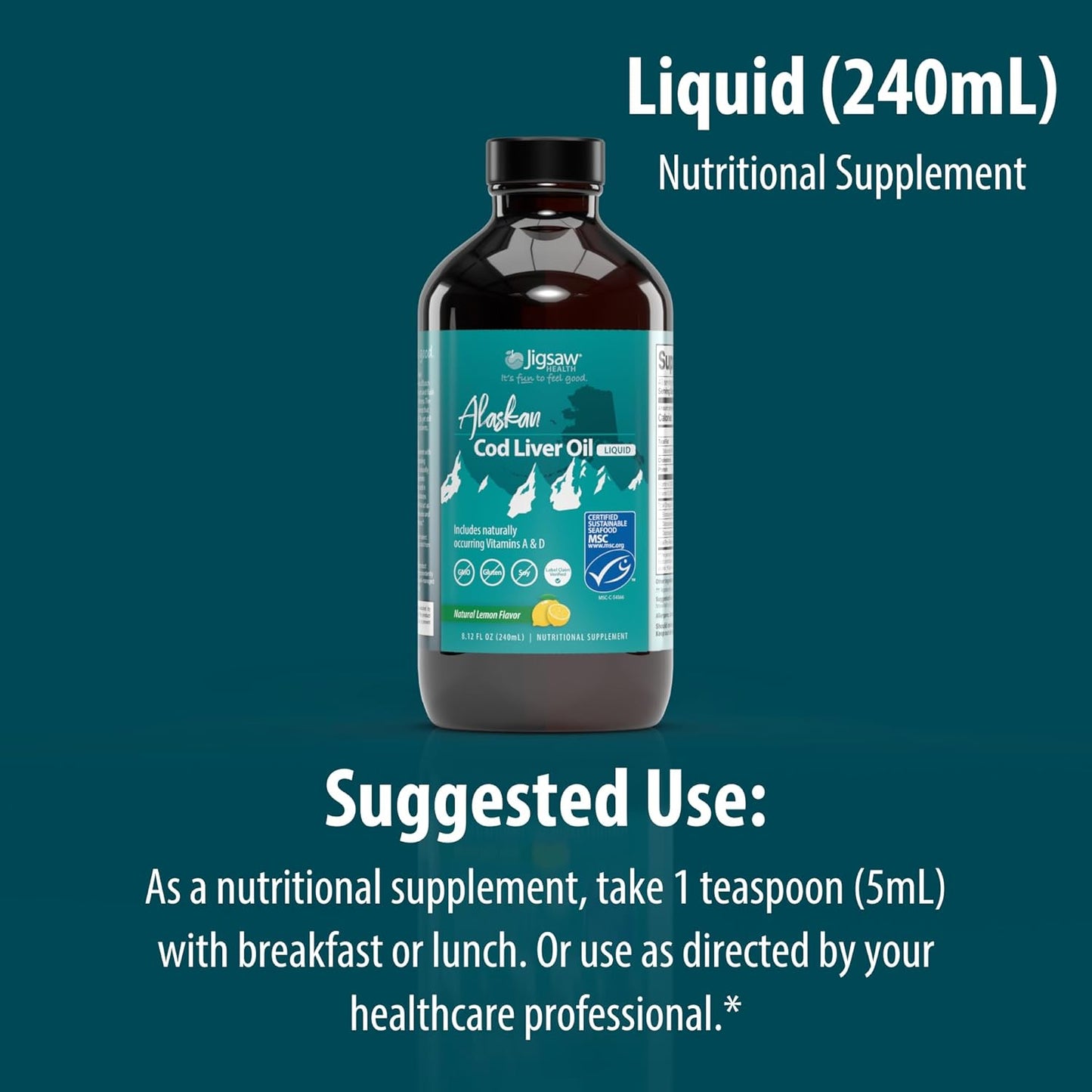 Jigsaw Health Alaskan Cod Liver Oil Liquid - 1000 mg Omega-3s with EPA, DHA, and DPA - Lemon Flavor - 240 mL Bottle