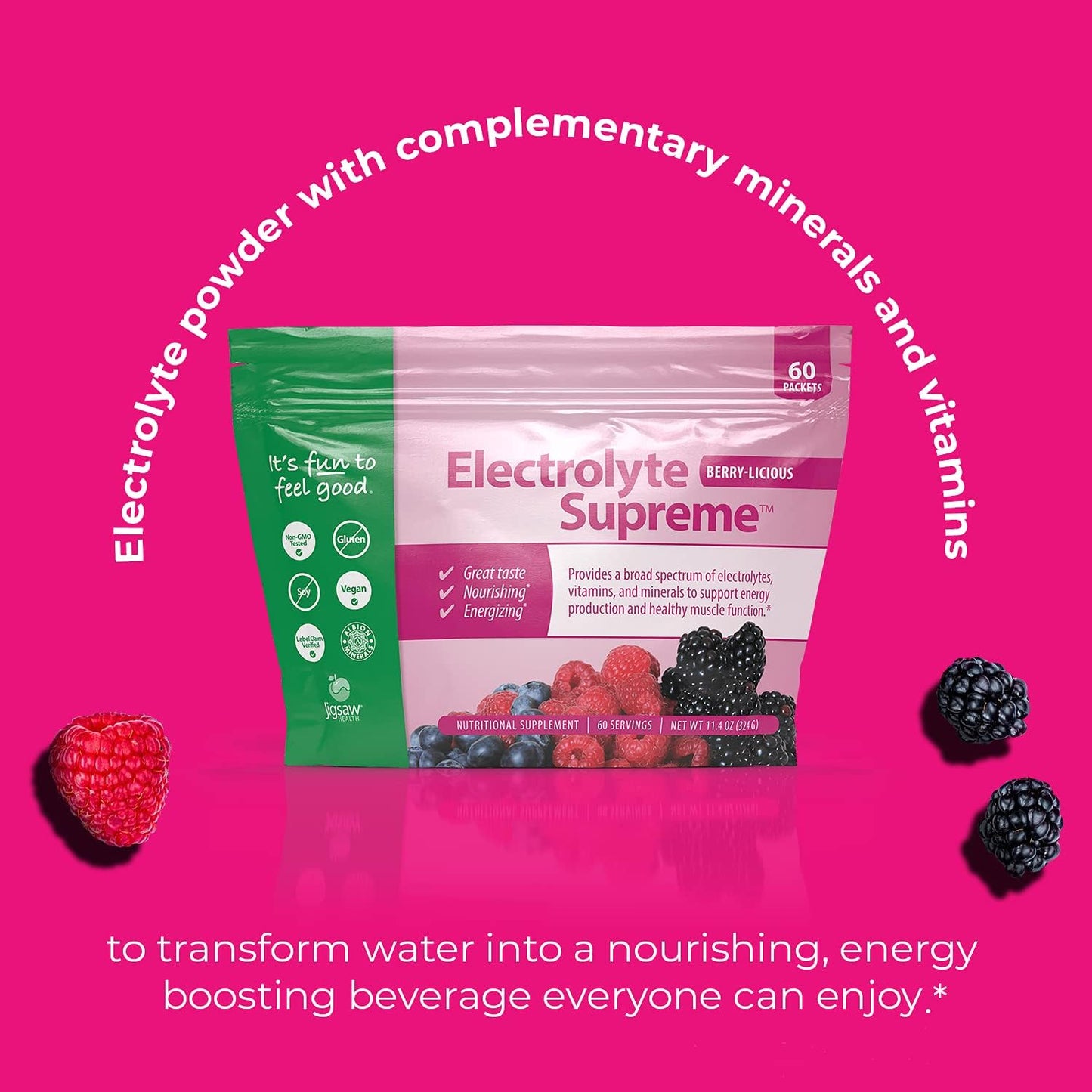 Jigsaw Health Electrolyte Supreme - Berry-Licious Flavor, 60 Packets, Broad Spectrum Electrolytes & Trace Minerals