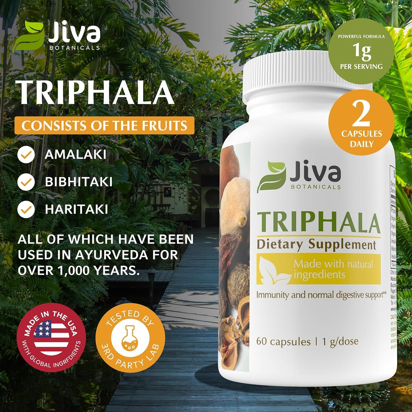 Jiva Botanicals Triphala Capsules - Natural Blend of Amalaki, Bibhitaki, and Haritaki Powder for Digestive Health and Immune Support - 60 Caps
