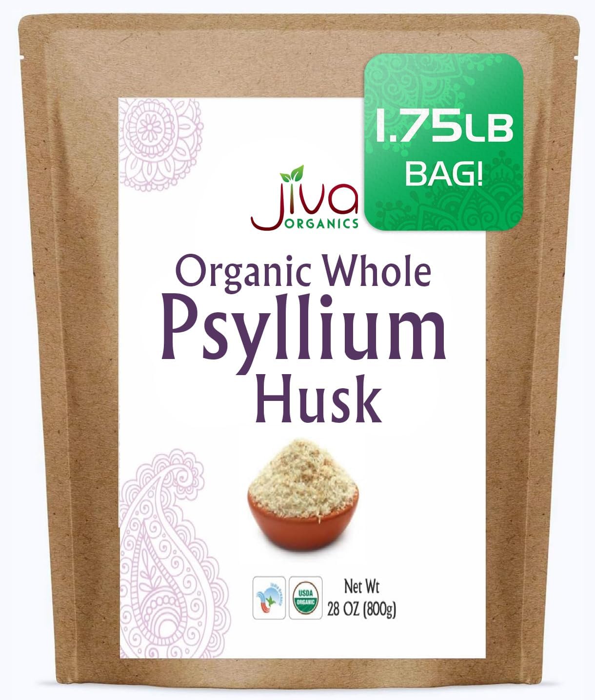 Jiva Organics Whole Psyllium Husk 28 Oz Jumbo Bag - Non-GMO, Unflavored Soluble Fiber - Keto Friendly