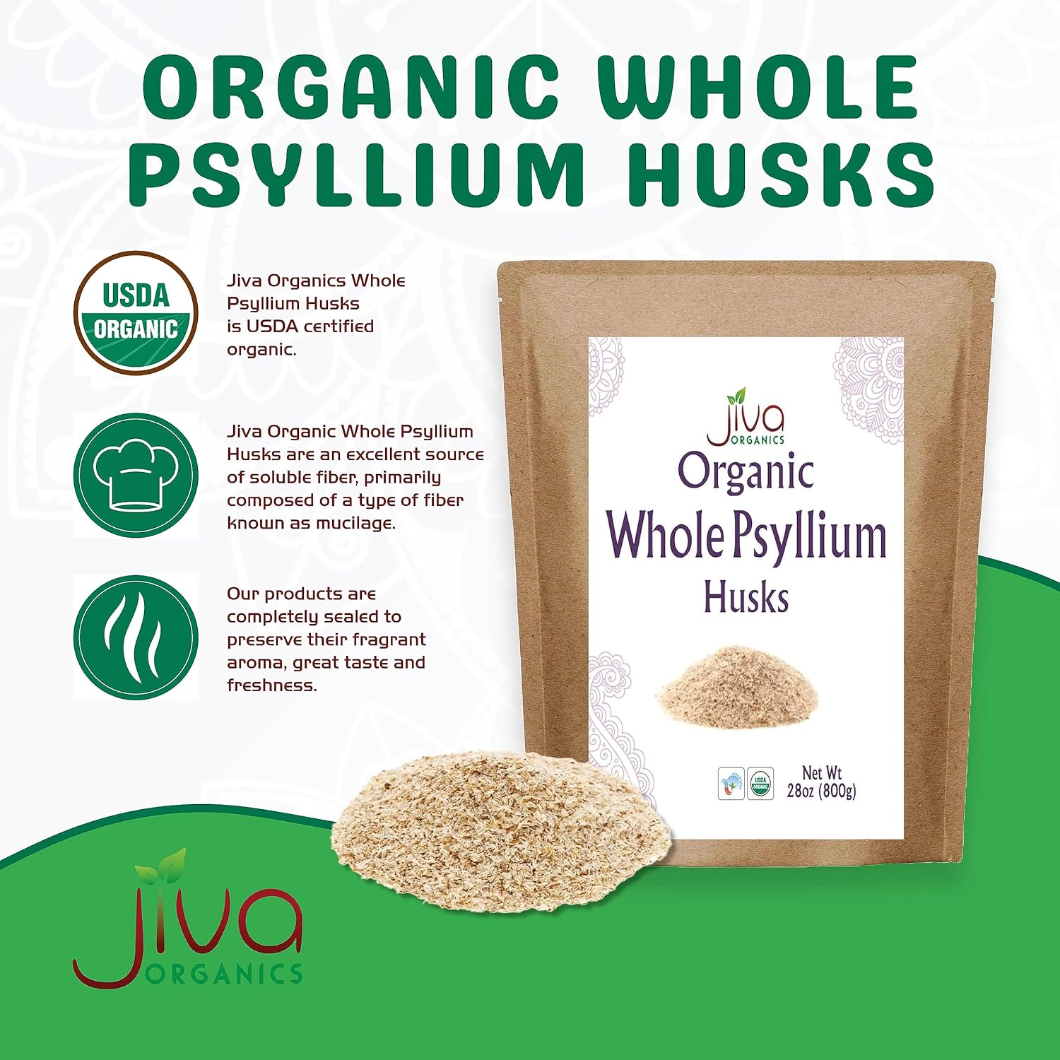 Jiva Organics Whole Psyllium Husk 28 Oz Jumbo Bag - Non-GMO, Unflavored Soluble Fiber - Keto Friendly