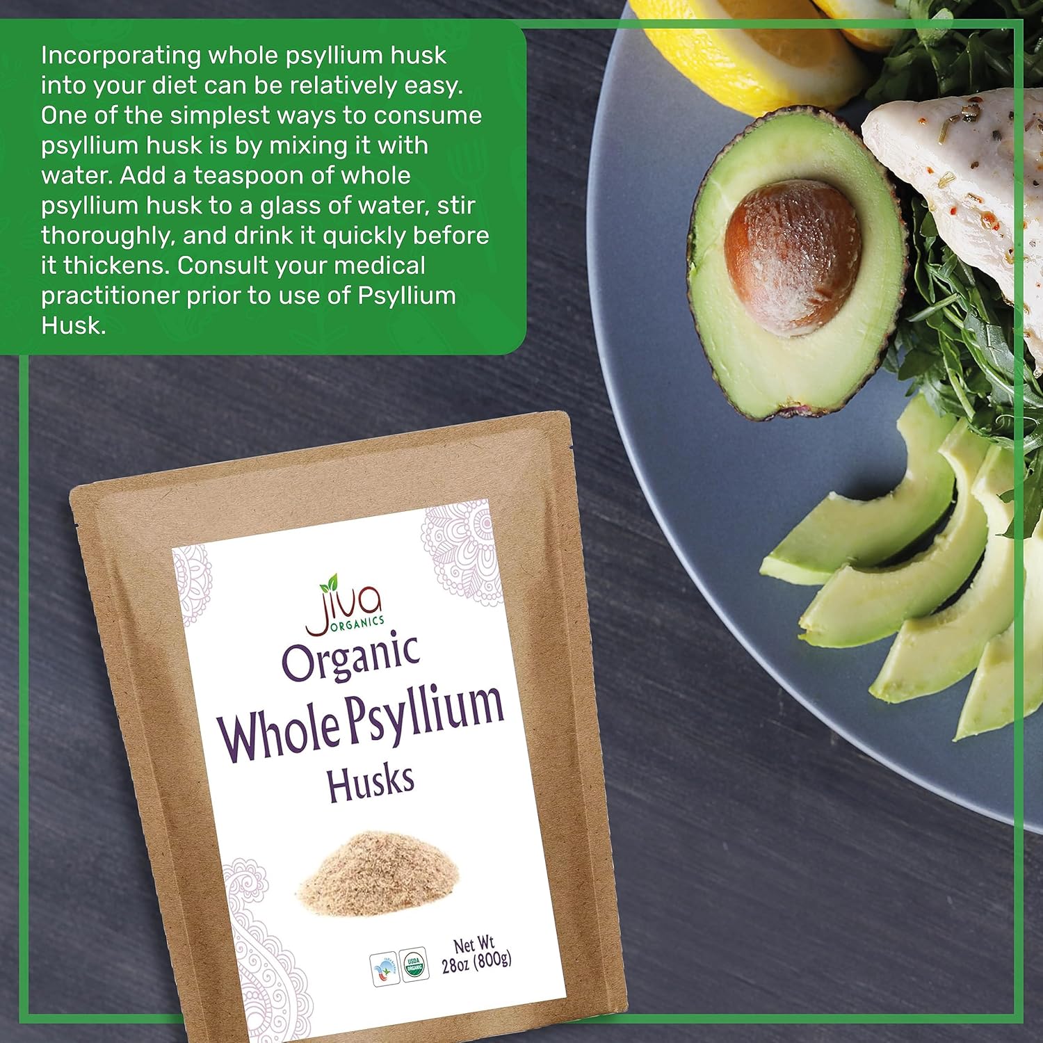 Jiva Organics Whole Psyllium Husk 28 Oz Jumbo Bag - Non-GMO, Unflavored Soluble Fiber - Keto Friendly