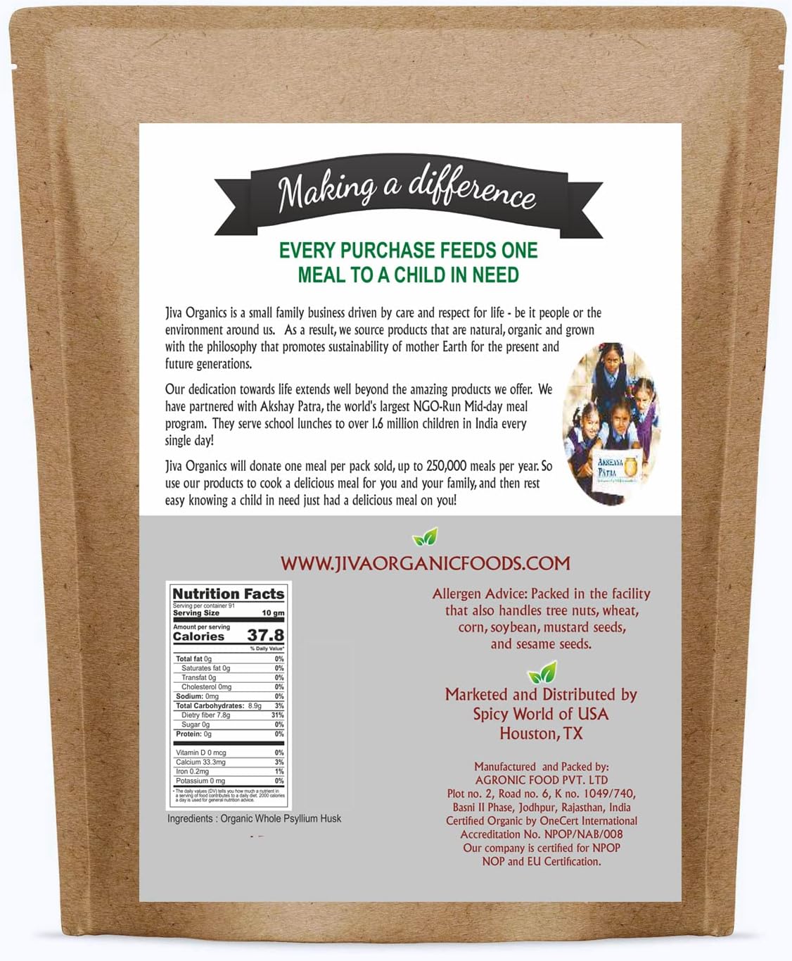 Jiva Organics Whole Psyllium Husk 28 Oz Jumbo Bag - Non-GMO, Unflavored Soluble Fiber - Keto Friendly