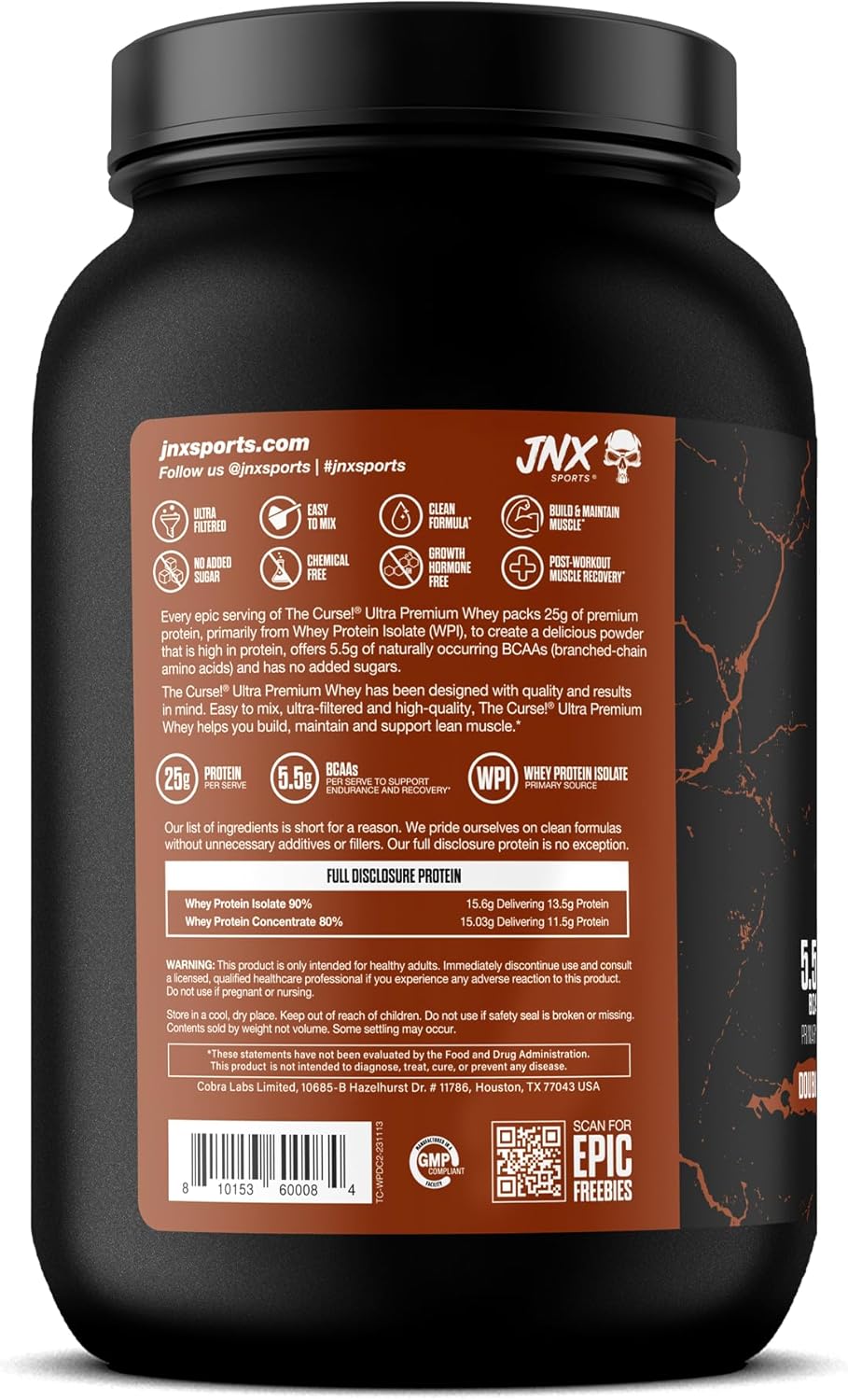 JNX SPORTS The Curse! Double Chocolate Whey Protein Powder 2lb | 25g Protein Per Serve, Whey Isolate