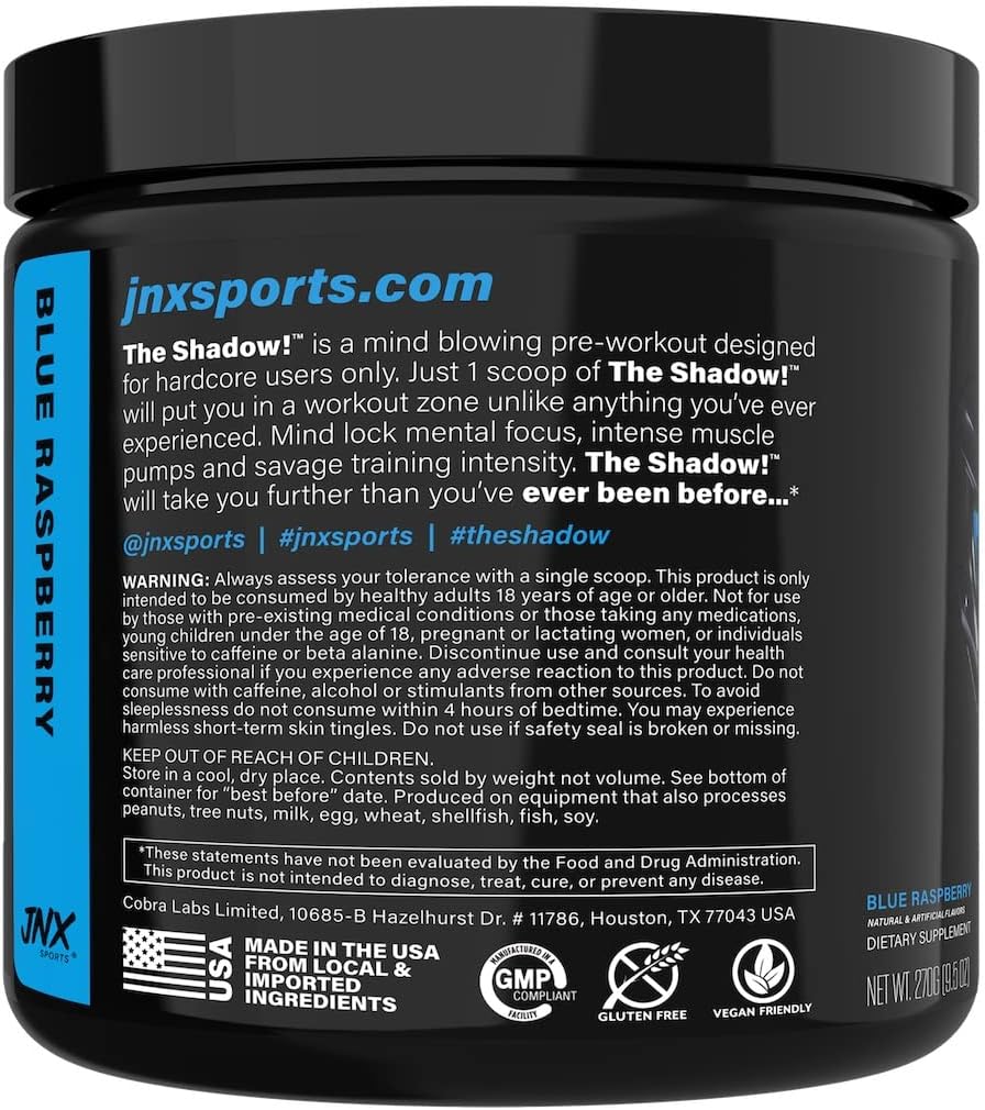 JNX SPORTS The Shadow Preworkout - Blue Raspberry, 30 Servings with 350mg Caffeine for Enhanced Energy, Focus, and Strength