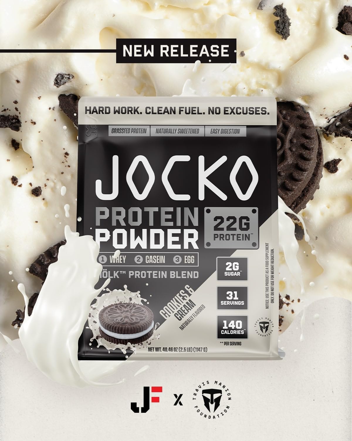Jocko Mölk Whey Protein Powder: Keto, Grass Fed, Probiotics, Amino Acids - Supports Muscle Growth & Recovery - Cookies & Cream Flavor - 2 LB